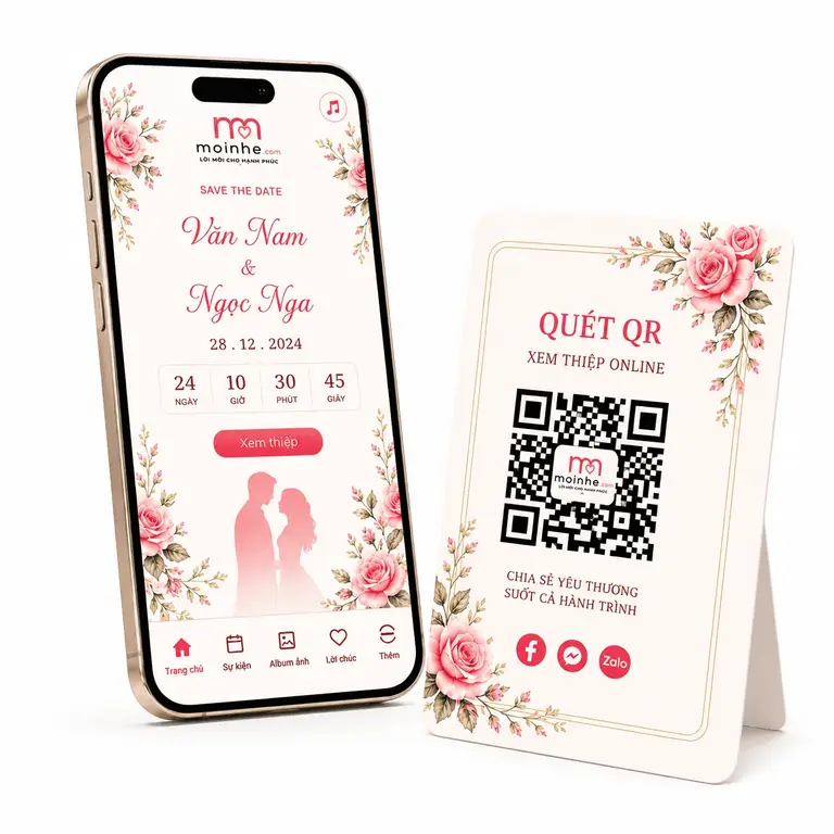 Minh họa thiệp cưới online với điện thoại và mã QR